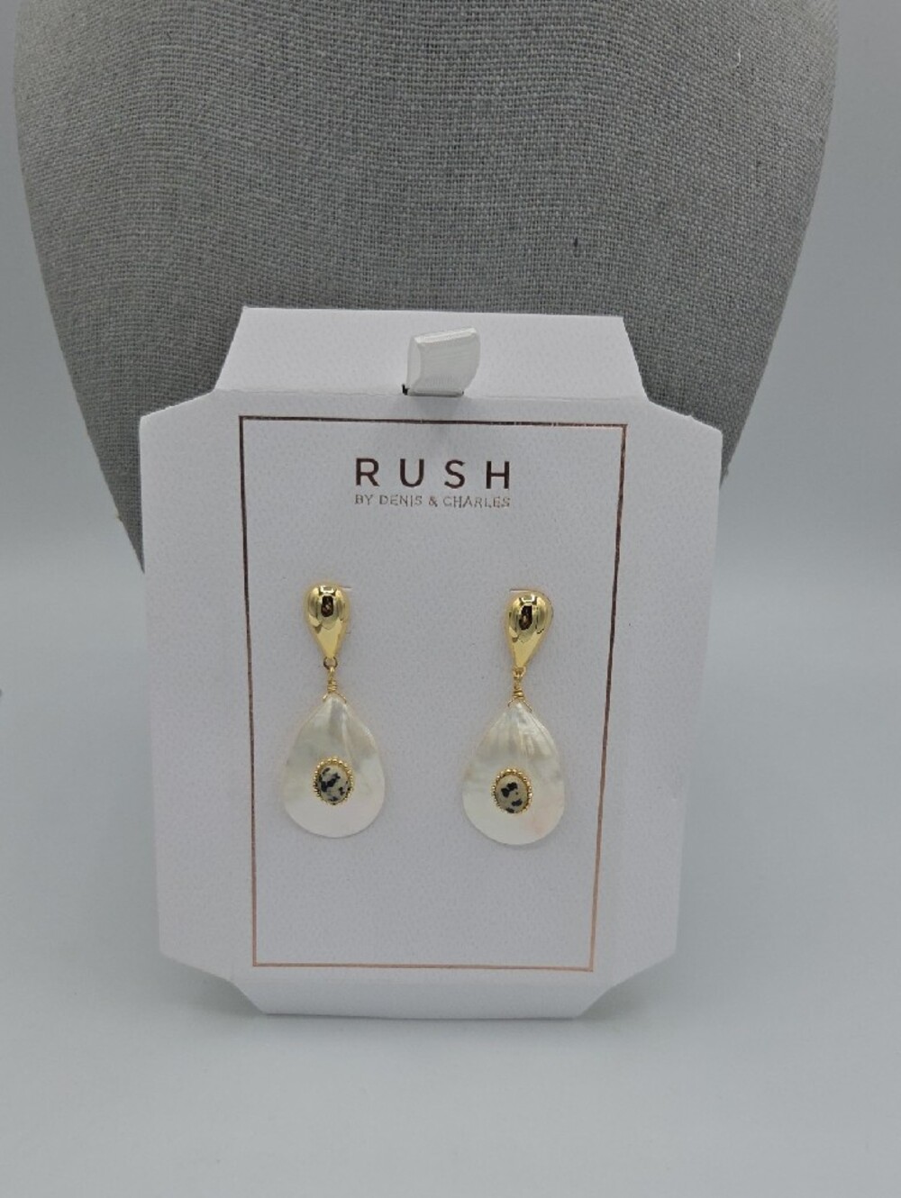 5 for $25! RUSH by Denis & Charles Gold Tone Cream Teardrop Shell Earrings - Picture 2 of 5